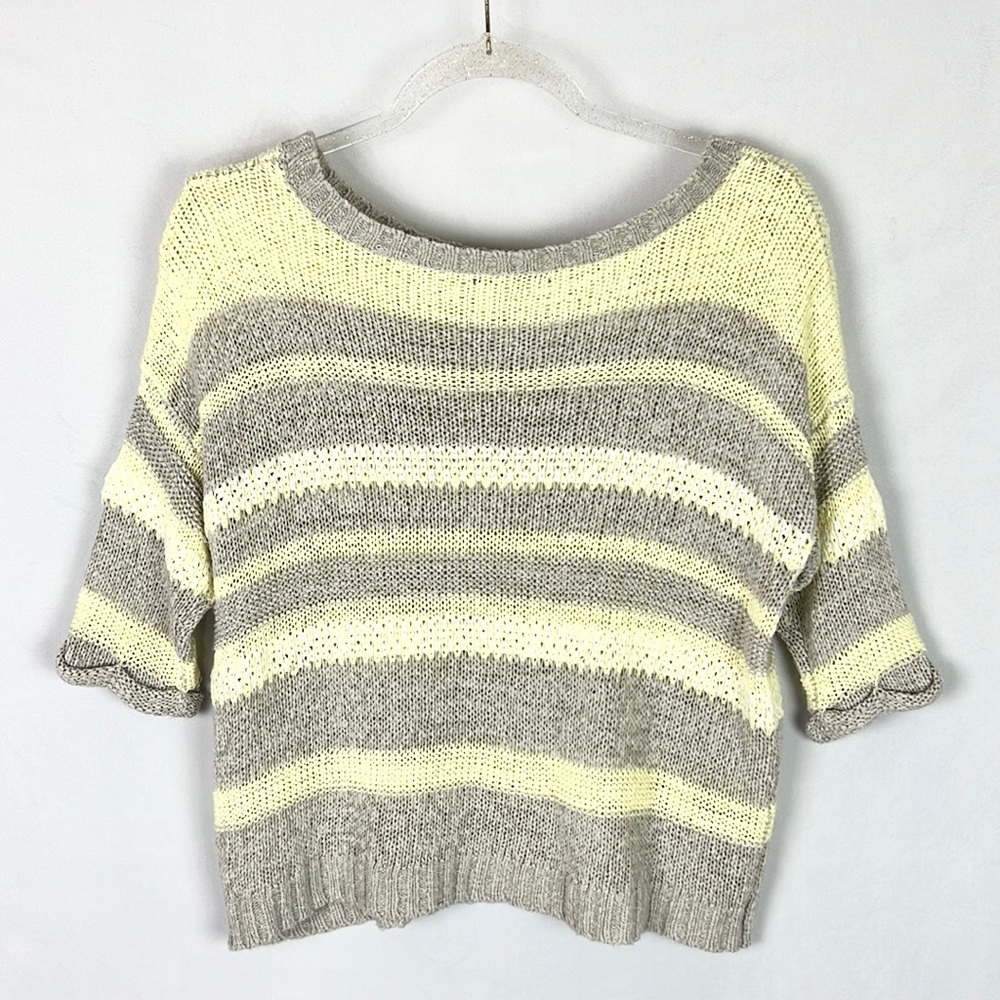LEFT ON HOUSTON |💛 Pale Yellow & Gray Striped Loose Knit 1/2 Sleeves Sweater